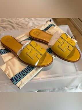 Tory Burch Yellow Leather Logo Slides Sandals Size 8